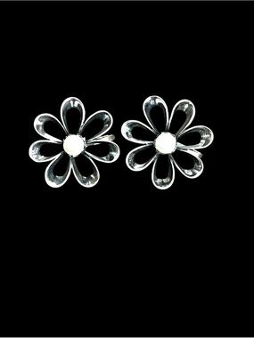 Vintage Mexico Sterling Silver Pearl Daisy Flower Screw Back Earrings